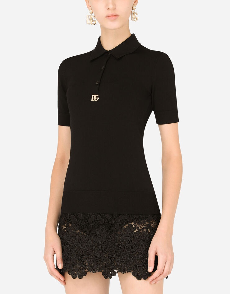 Short-sleeved viscose polo-shirt with crystal DG embellishment - 4