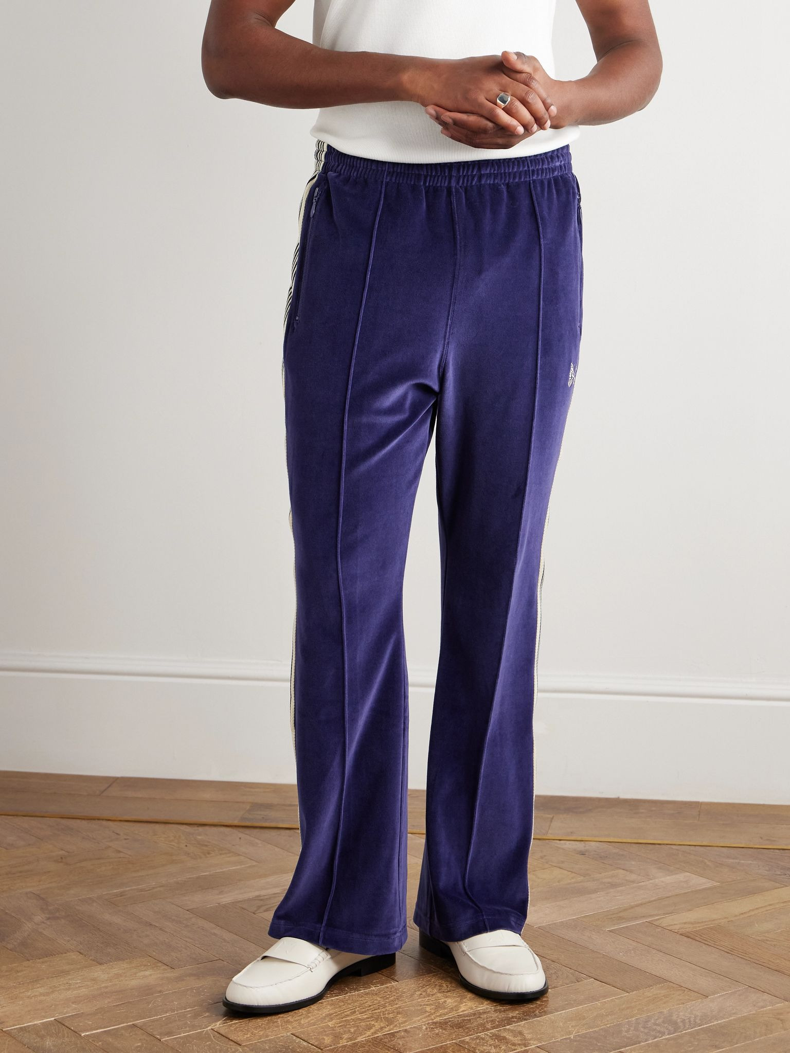 Flared Webbing-Trimmed Logo-Embroidered Cotton-Blend Velour Track Pants Navy - 3