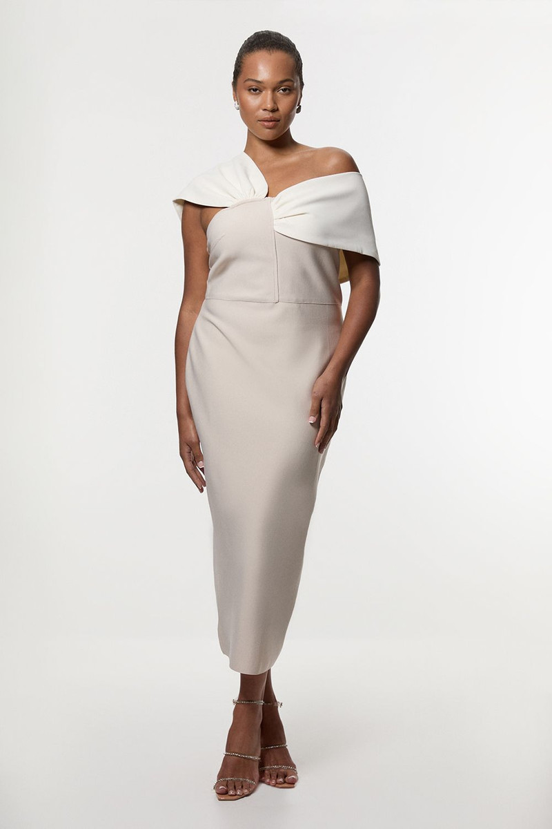 Plus Size Figure Form Bandage Knit Asymmetric Strap Midi Dress 1