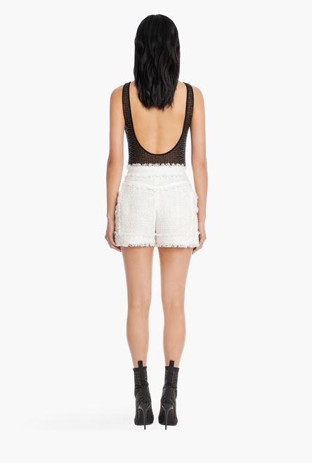 High waist double-buttoned tweed shorts - 3