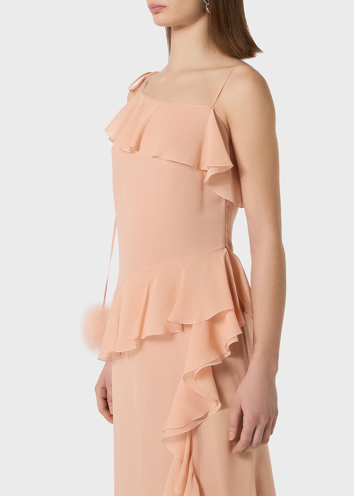 MIDI DRESS IN GEORGETTE WITH RUFFLES AND FEATHER POM-POMS. - 5
