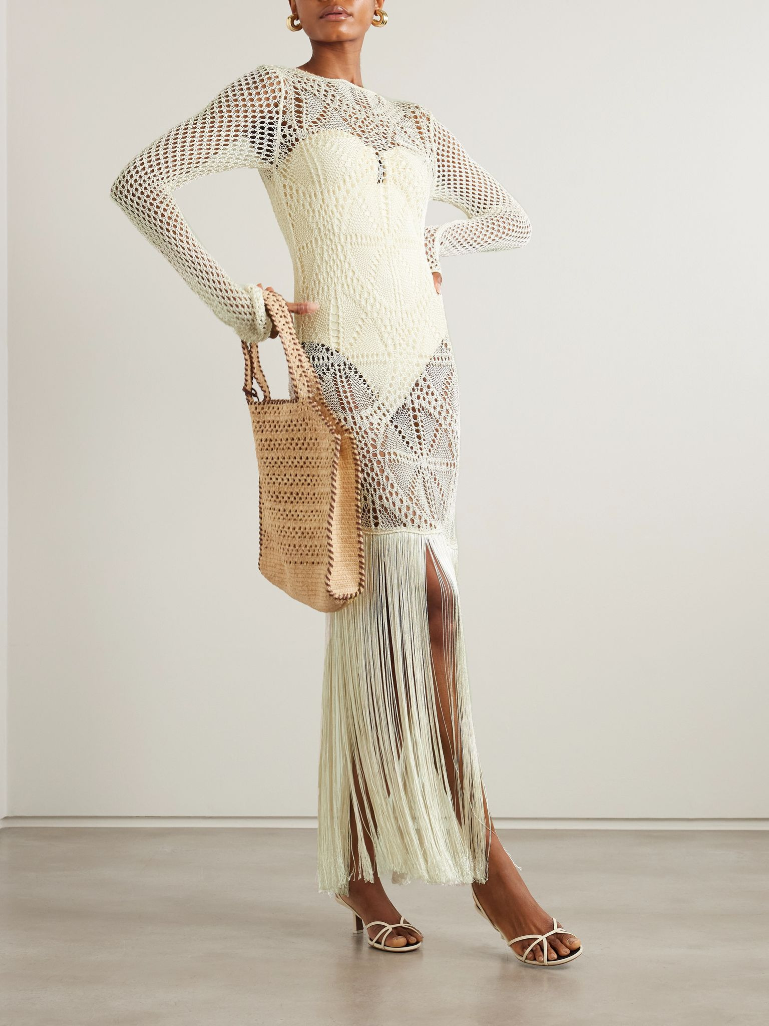 Fringed crocheted maxi dress Ivory - 2