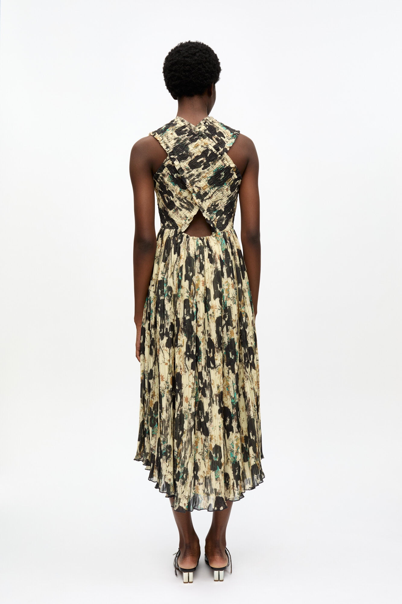 PRINTED PLEATS SMOCK MIDI STRAPS DRESS - 3