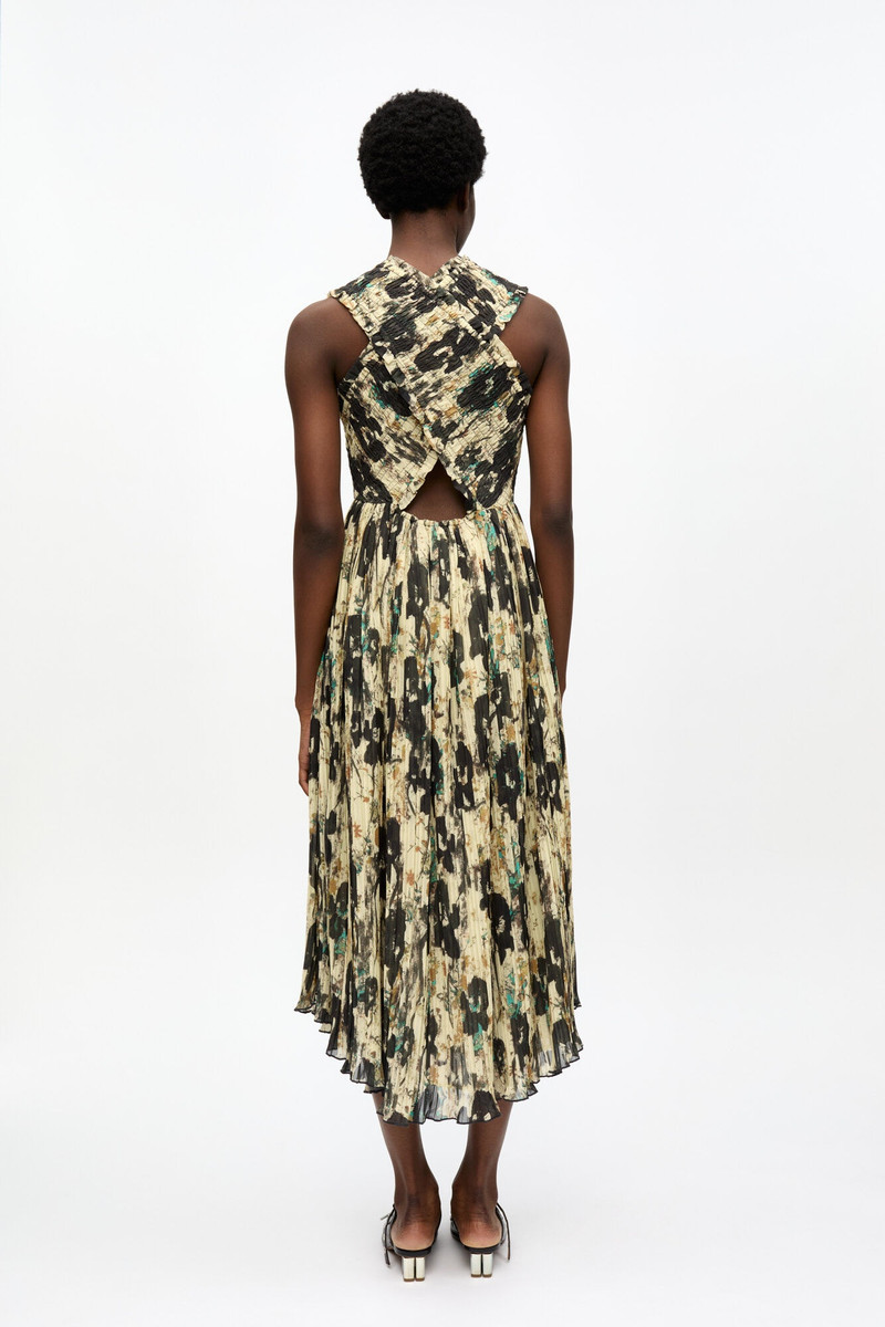 PRINTED PLEATS SMOCK MIDI STRAPS DRESS 3