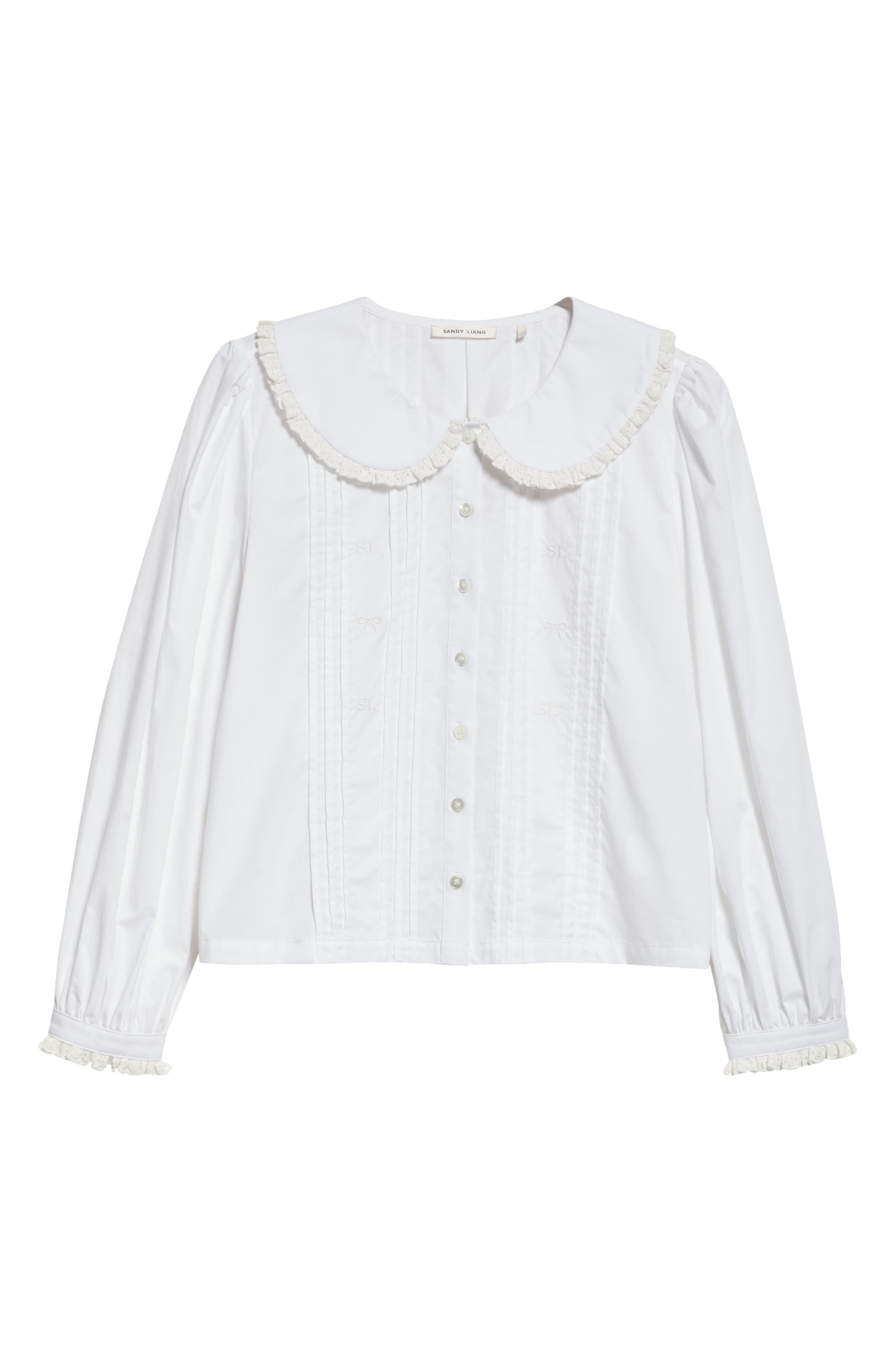 Sandy Liang Crayon Eyelet Trim Cotton Poplin Shirt in White at Nordstrom - 6