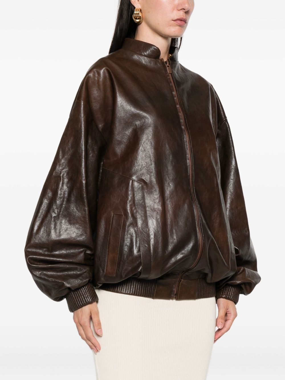 zip-front leather bomber jacket - 3
