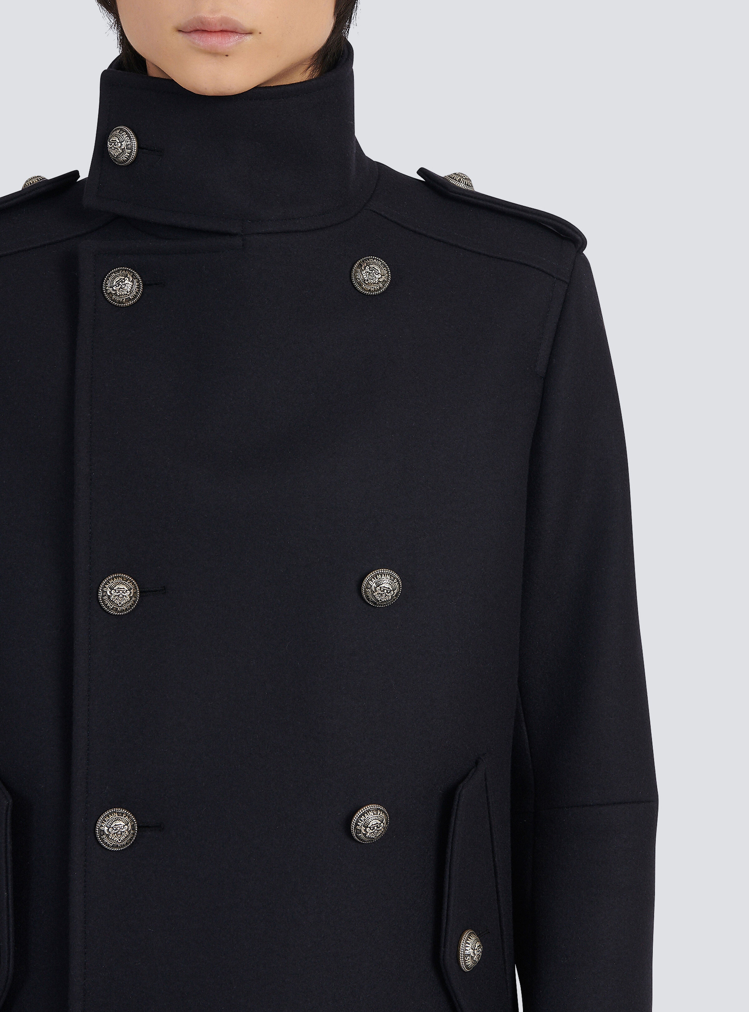 Wool military pea coat with double-breasted silver-tone buttoned fastening - 2