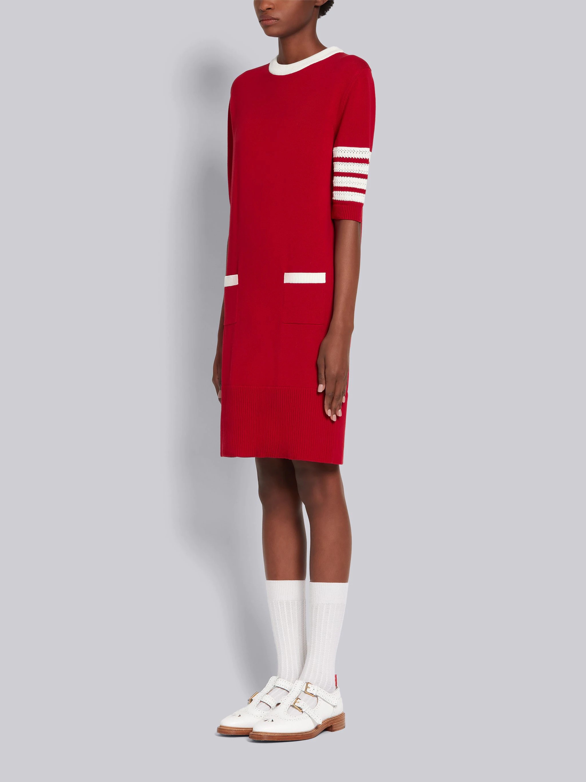 Red Cotton Hector Diagonal Stripe Icon Short Sleeve 4-Bar Mini Dress - 2