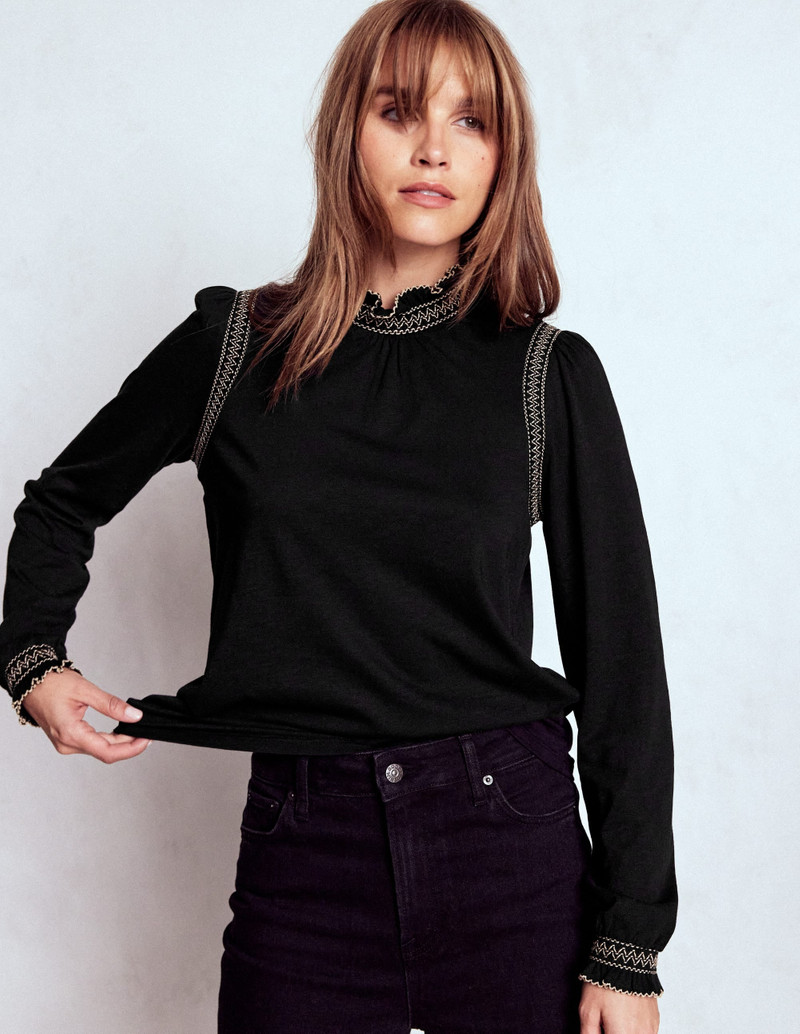 Tia Smocked Neck Jersey Top-Black 5
