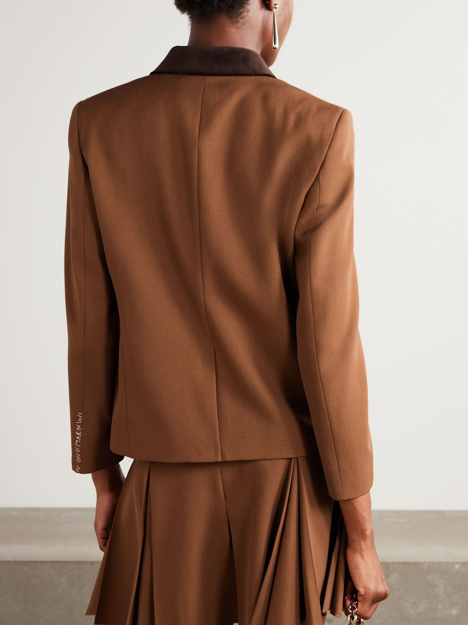 Velvet-trimmed embroidered grain de poudre wool blazer Brown - 3
