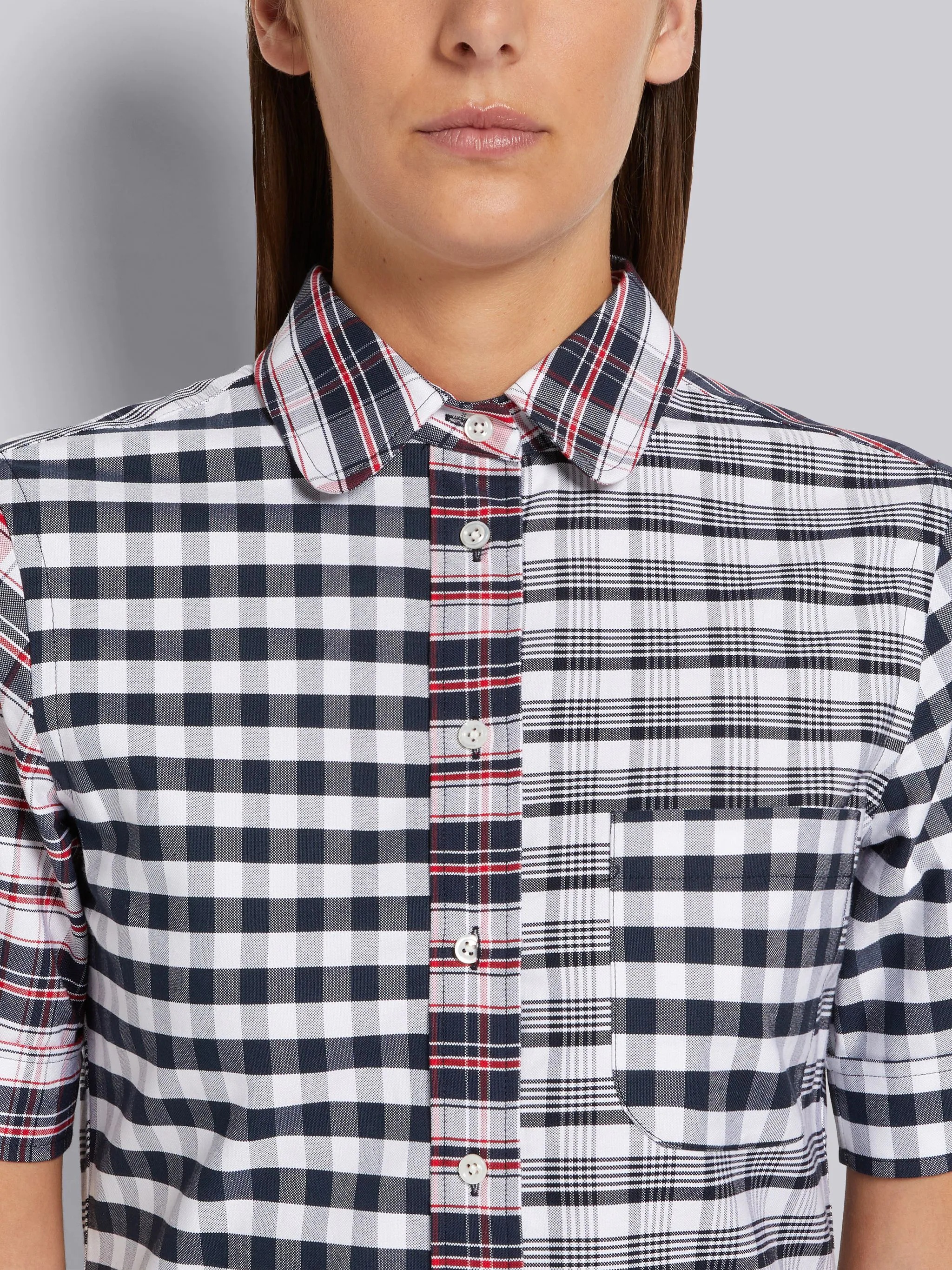 Multicolor Fun-Mix Stripe Plaid and Gingham Check Oxford Short Sleeve Below the Knee Shirtdress - 5