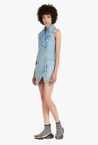 Balmain Short light blue eco-designed denim dress with gold-tone double-buttoned fastening outlook