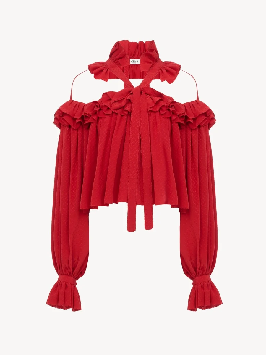 CUT-OUT RUFFLE TOP IN SILK JACQUARD - 1