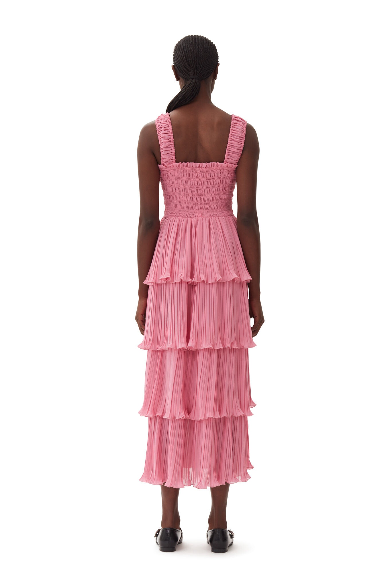 PINK PLEATED GEORGETTE FLOUNCE SMOCK MIDI DRESS - 5