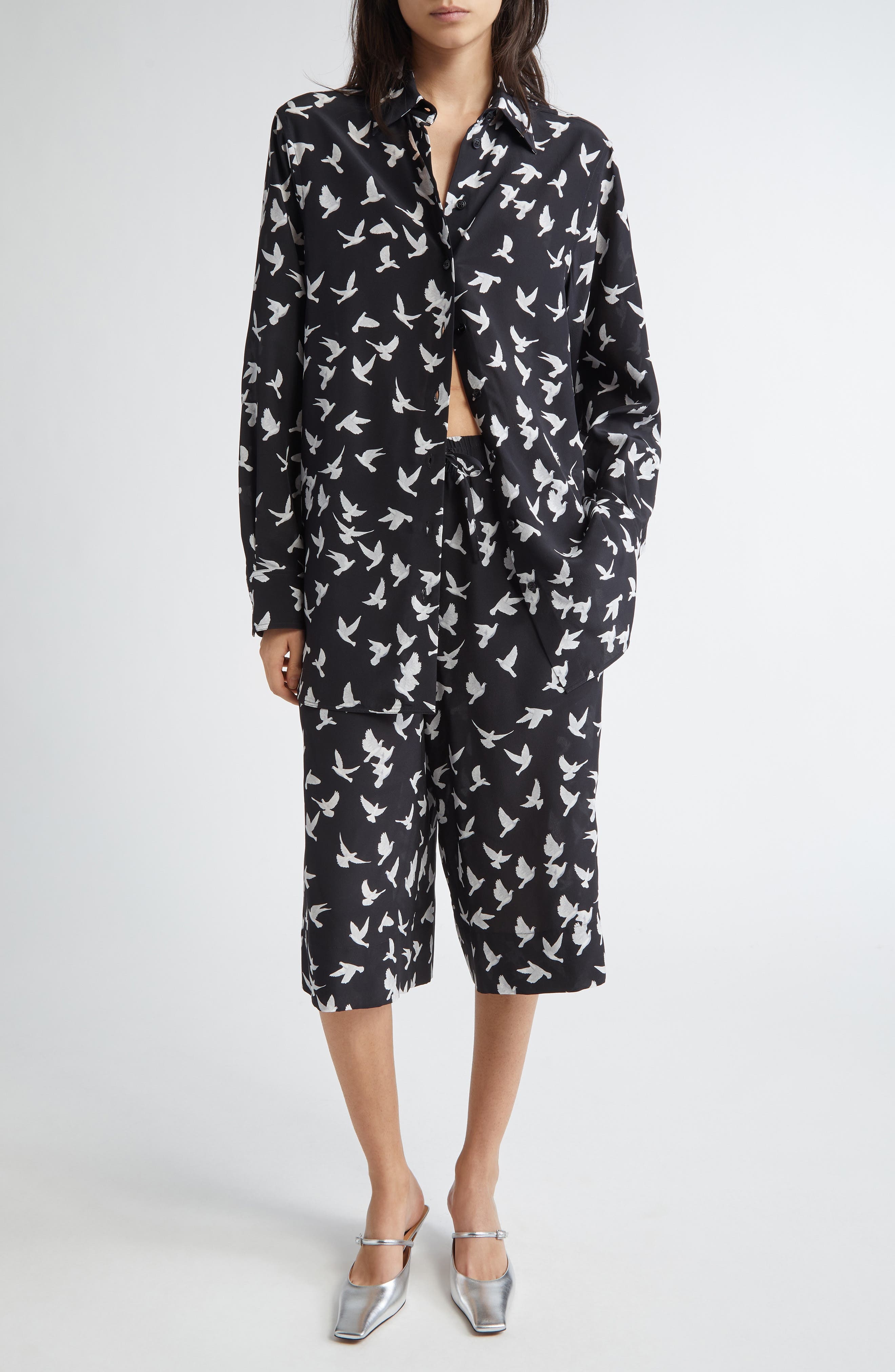 Stella McCartney Mini Birds Silk Button-Up Shirt in Black at Nordstrom - 2