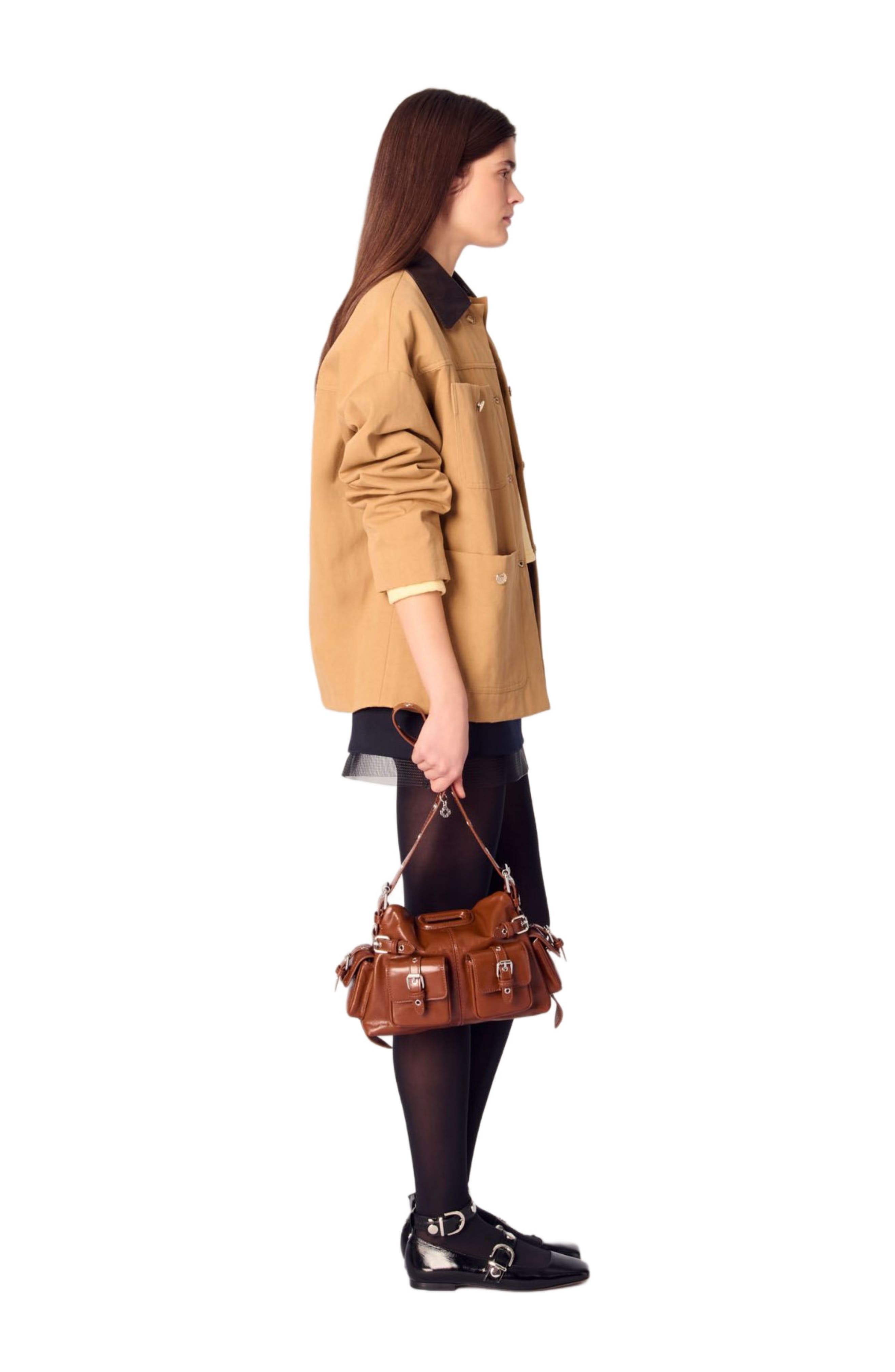 maje Cotton coat with leather collar in Beige at Nordstrom - 3