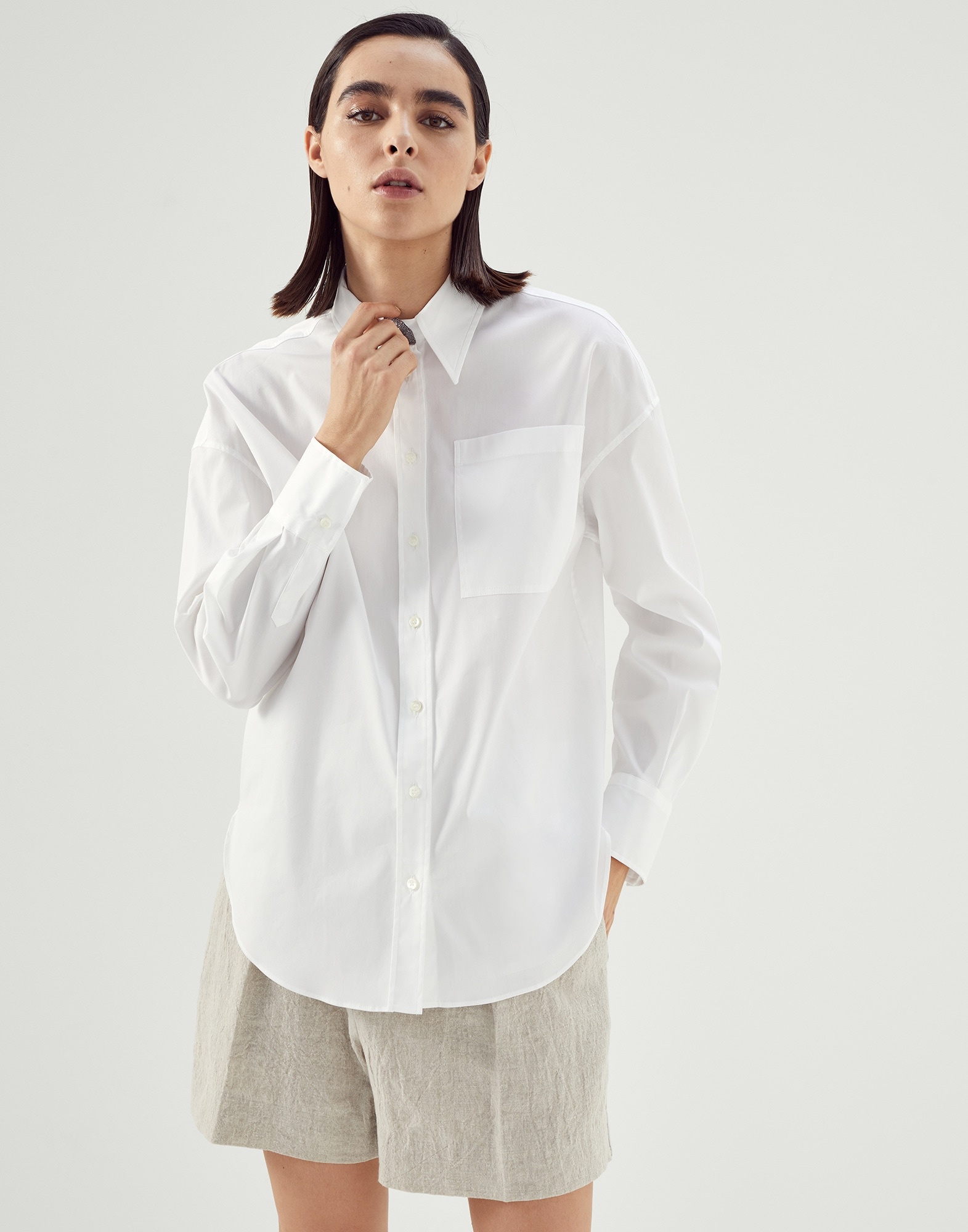 Stretch cotton poplin shirt with precious buttonhole - 1