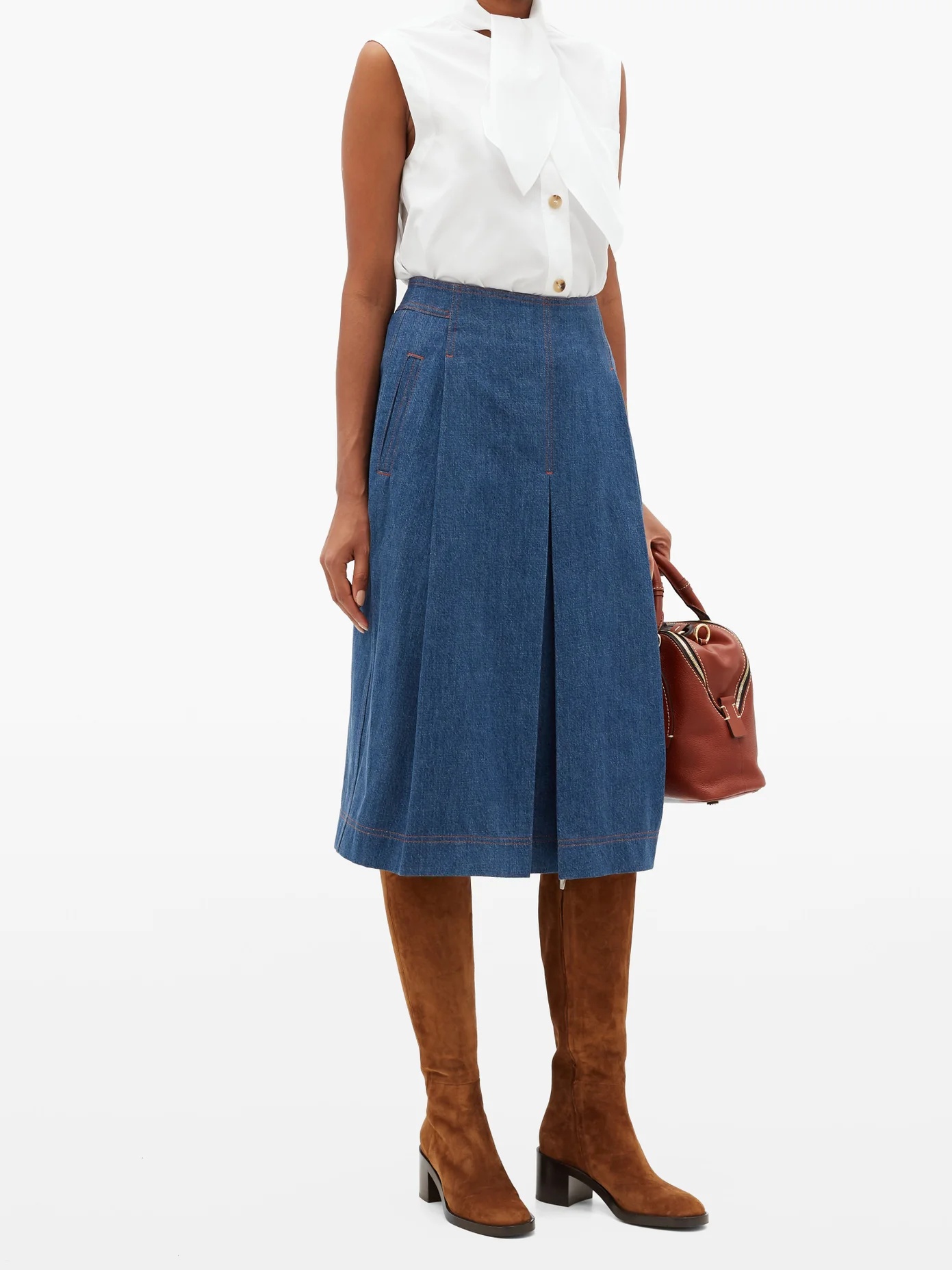 Box-pleated denim midi skirt - 2