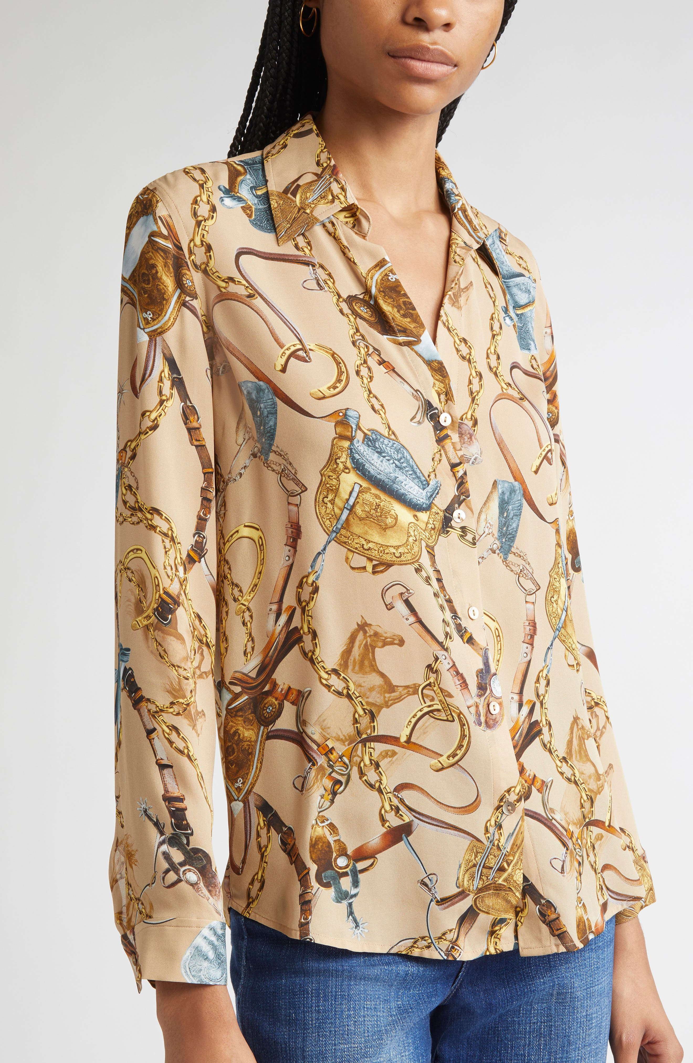 L'AGENCE Nina Chain Print Silk Button-Up Shirt in Dk Cppccno Mlt Equestrian Sdl at Nordstrom - 5