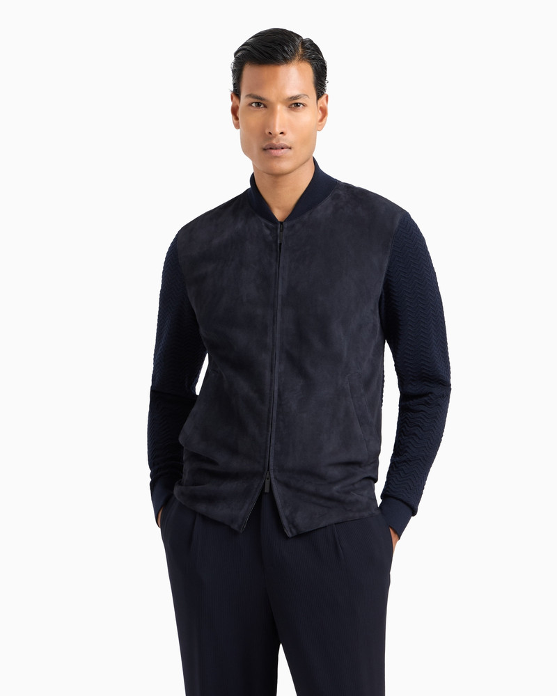 GIORGIO ARMANI Lambskin suede and cashmere-blend knit zipped blouson outlook