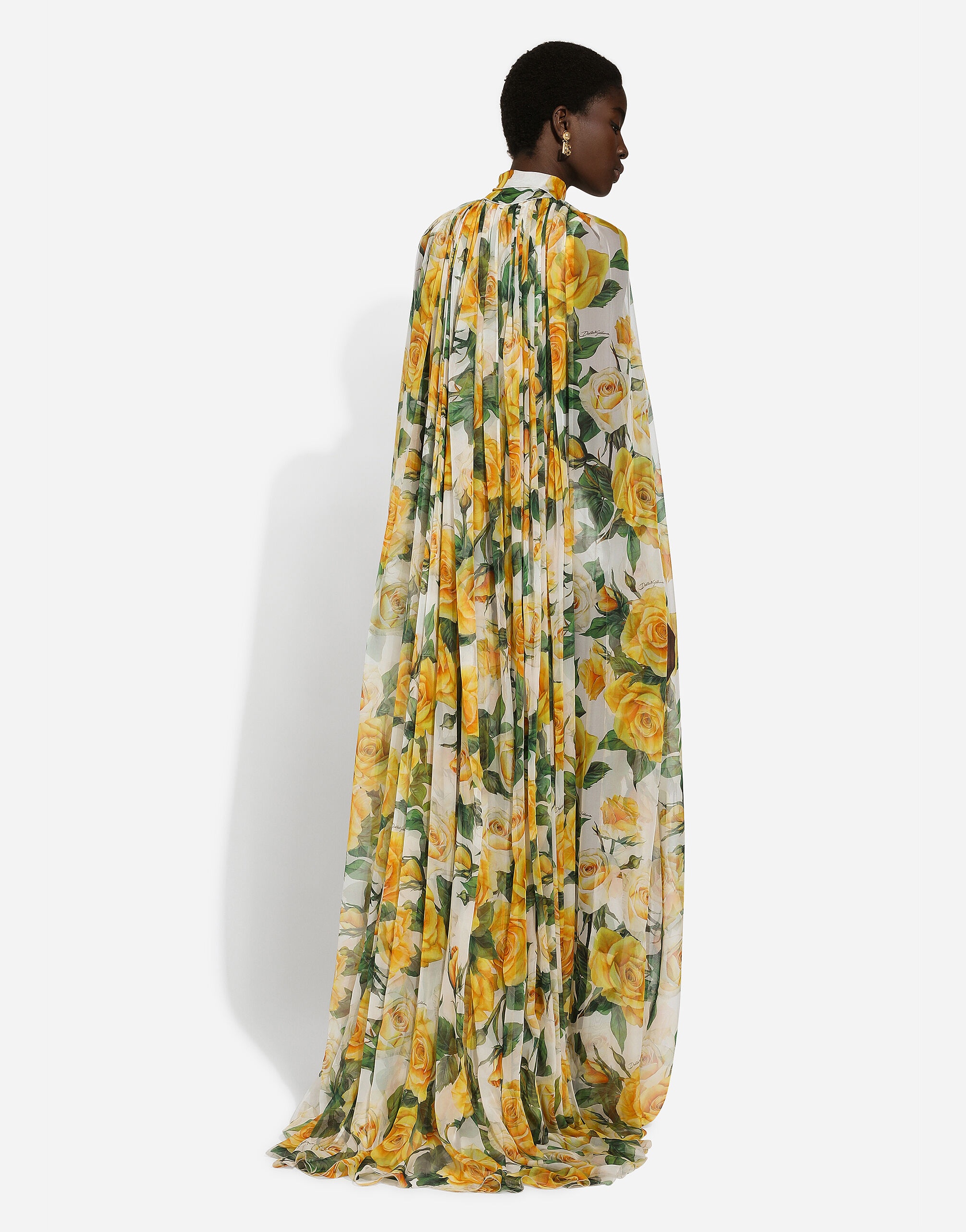 Silk chiffon cape with yellow rose print - 3