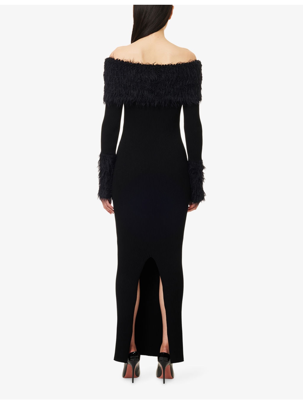 Off-Shoulder Faux Fur-Trim Ribbed-Knit Maxi Dress - 4