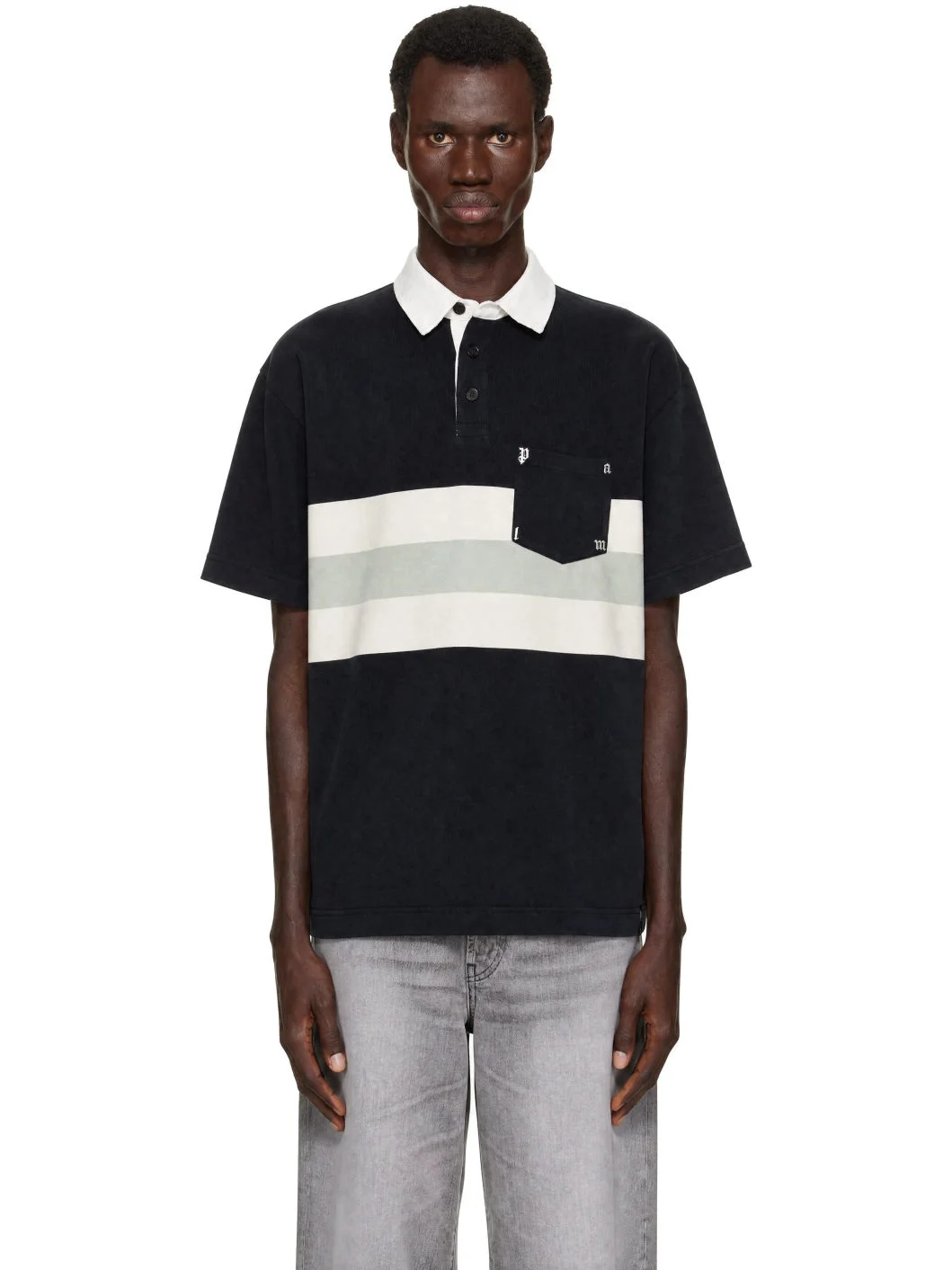 Black Palm Type Stripe Loose Polo - 1