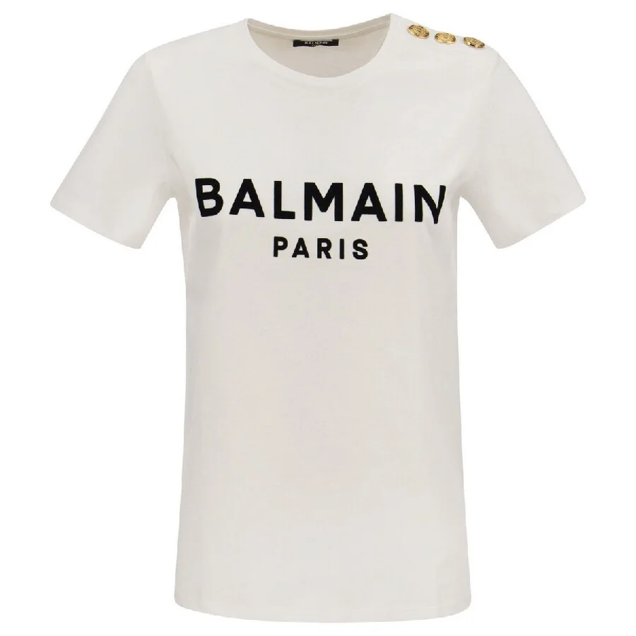 Balmain Flock Button Embellished Cotton T Shirt - 1