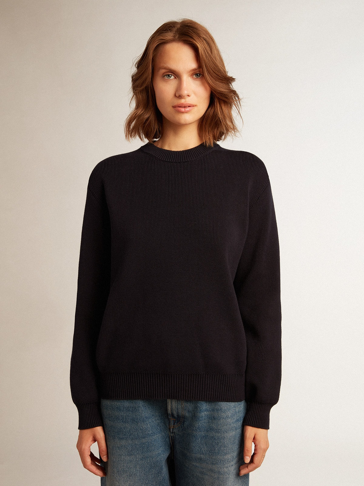 Women’s round-neck sweater in dark blue cotton with logo on the back - 5