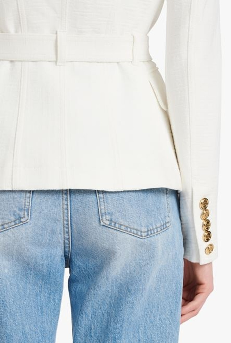 Double-breasted white cotton blazer with Balmain buckle 8