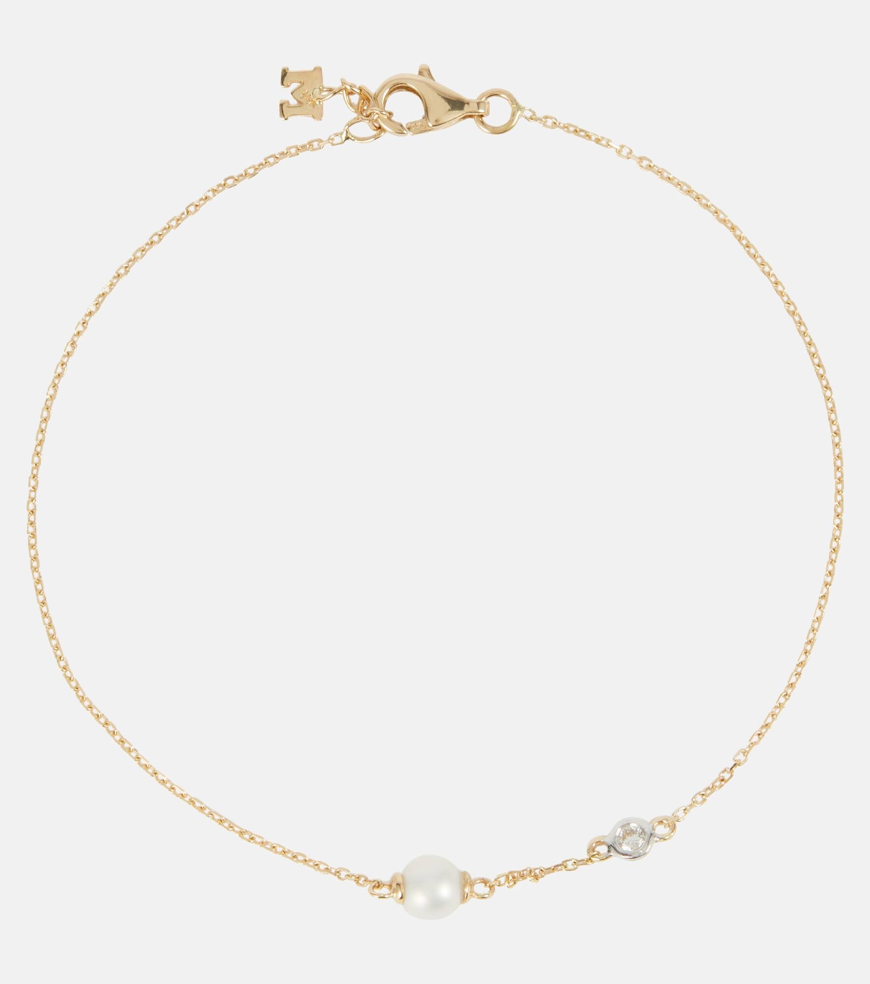 14kt gold chain bracelet with diamonds and pearls - 1