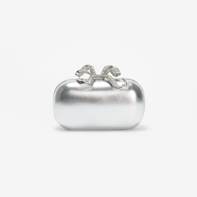 Silver Metallic Leather Bow Clutch 1