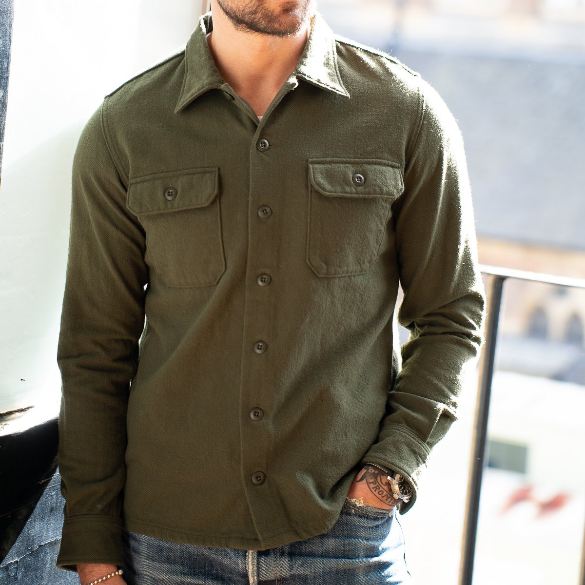 IHSH-346-ODG 10oz Recycled Nylon Mechanic Work Shirt - Olive Drab Green - 3