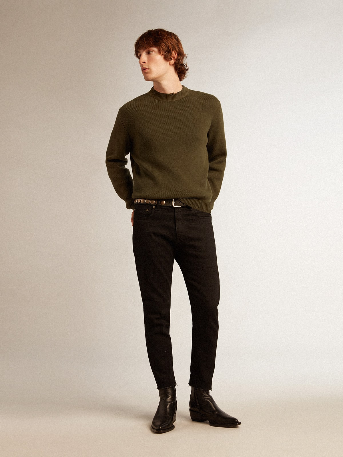 Men's round-neck sweater in military green cotton - 3