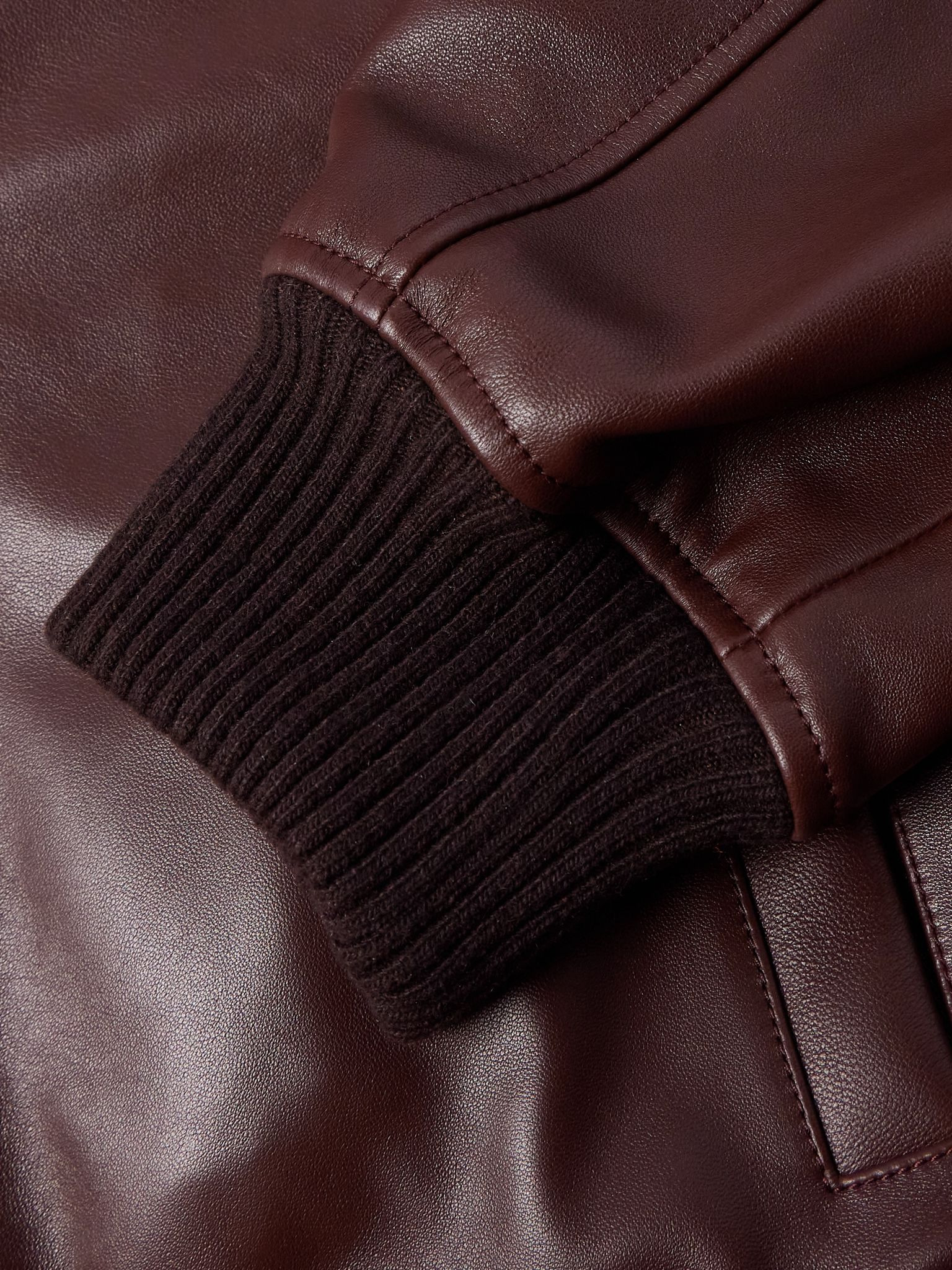 Logo-Debossed Ribbed-Knit Trimmed Leather Bomber Jacket Dark brown - 6