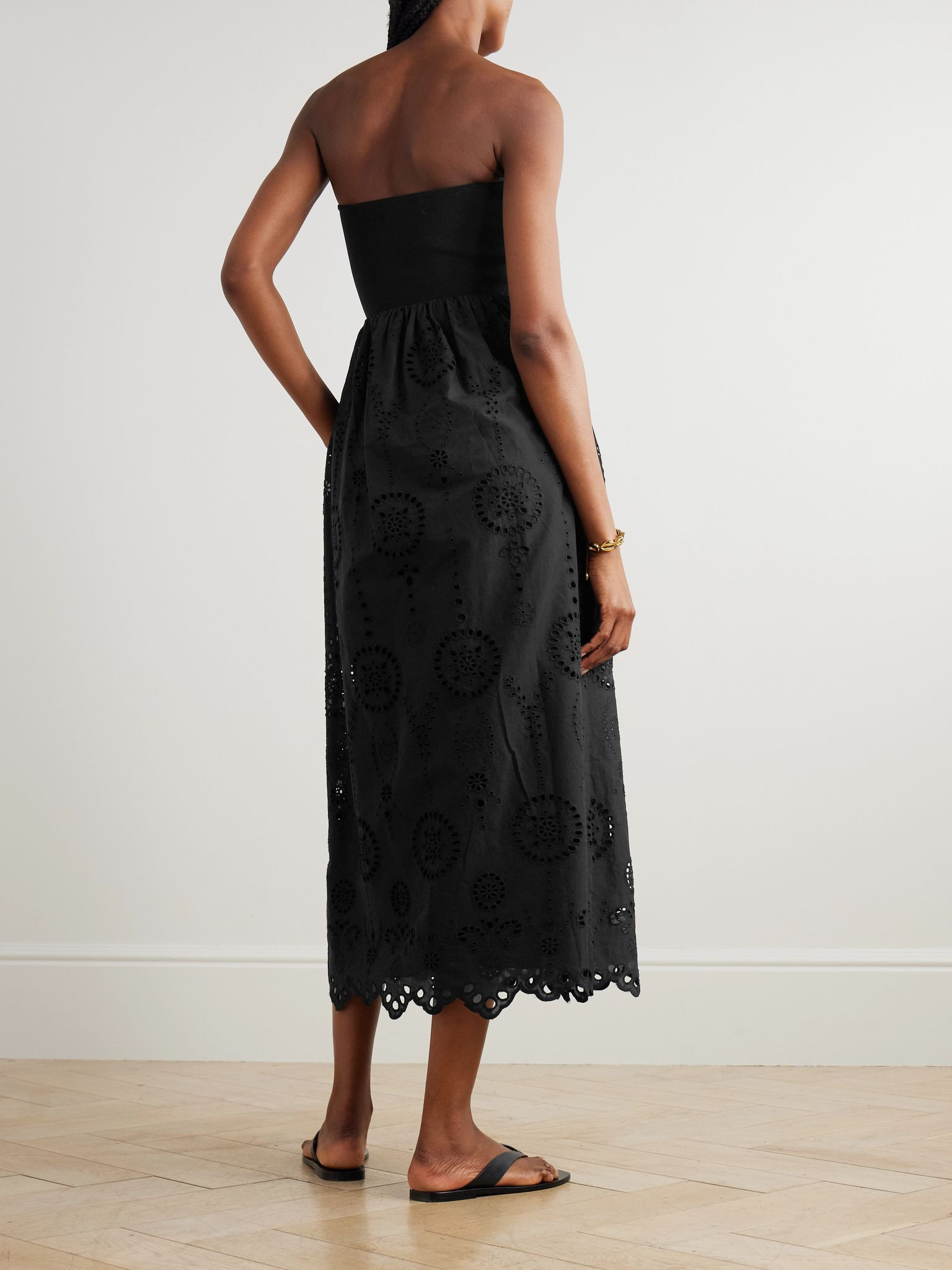 Strapless broderie anglaise organic cotton and stretch-knit midi dress Black - 3