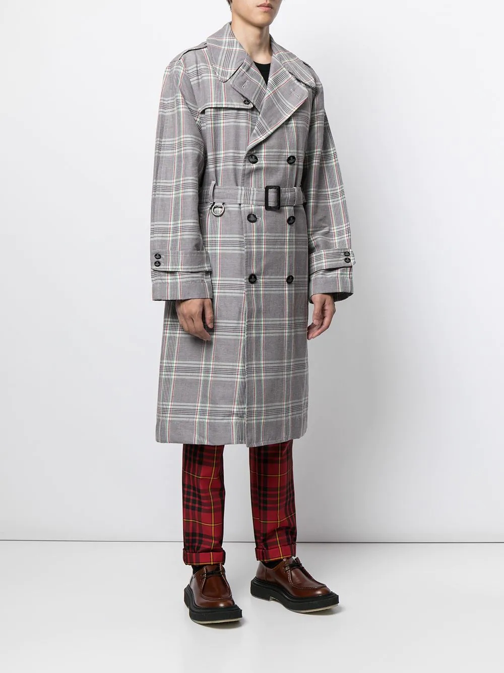 checked double-breasted trench coat - 3