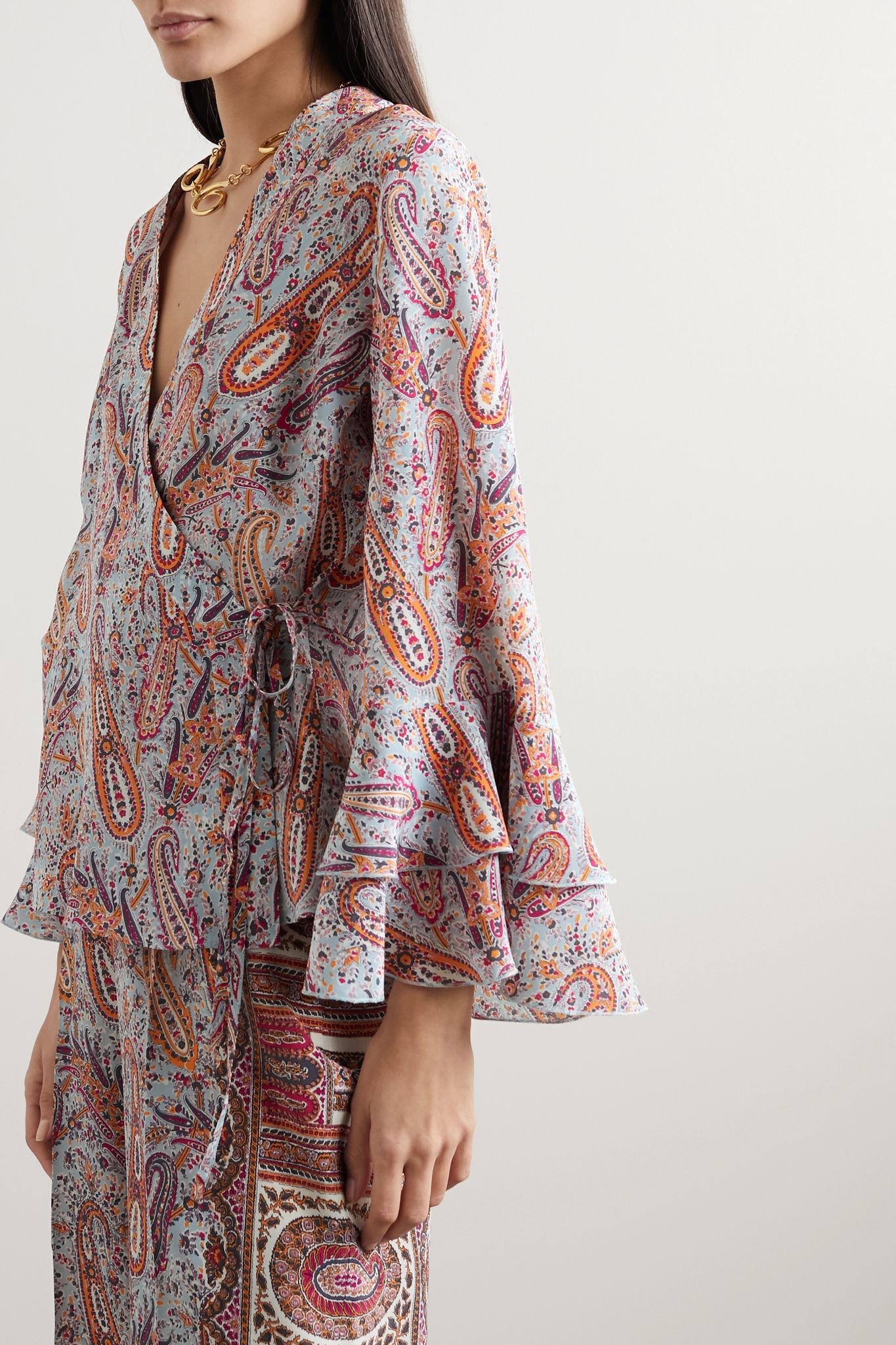 Ruffled paisley-print silk crepe de chine wrap top - 3