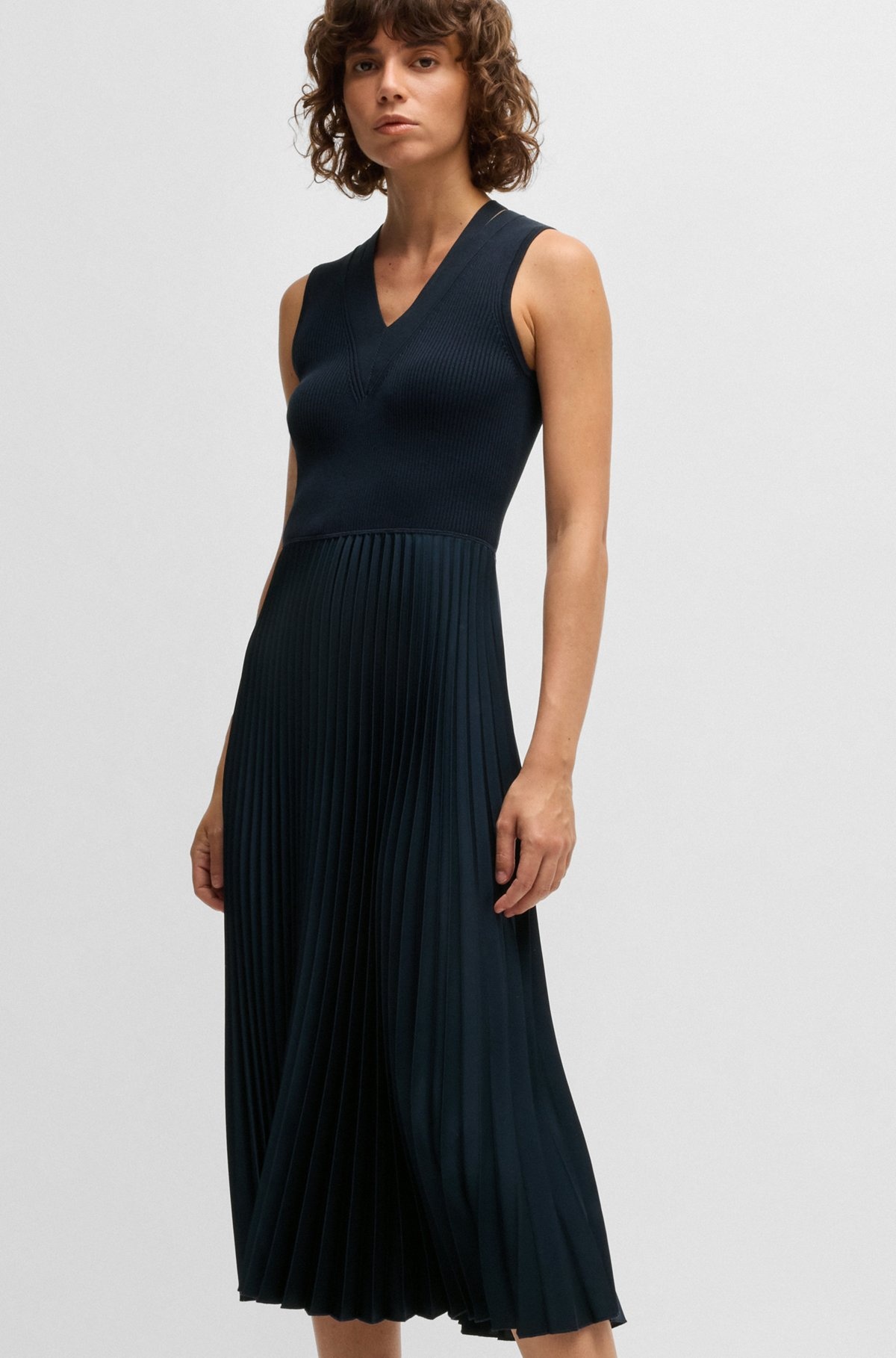 MIXED-MATERIAL DRESS WITH PLISSÉ SKIRT - 6