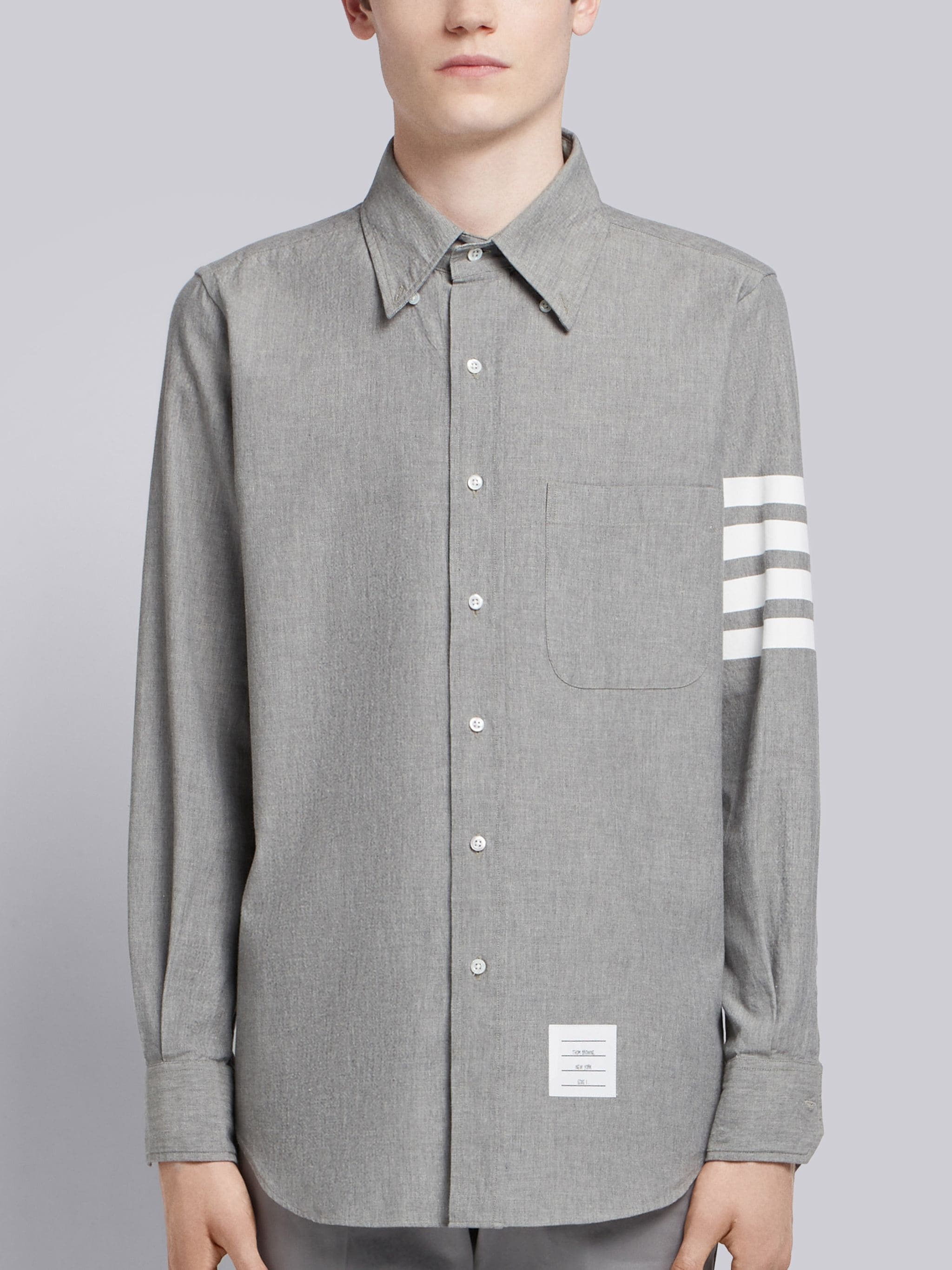 Medium Grey Chambray Printed 4-bar Nametag Straight Fit Shirt - 2