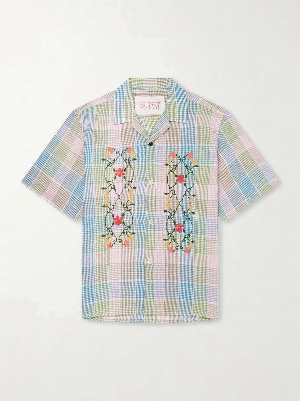 Ronen Camp-Collar Floral-Embroidered Checked Cotton and Linen-Blend Shirt - 1