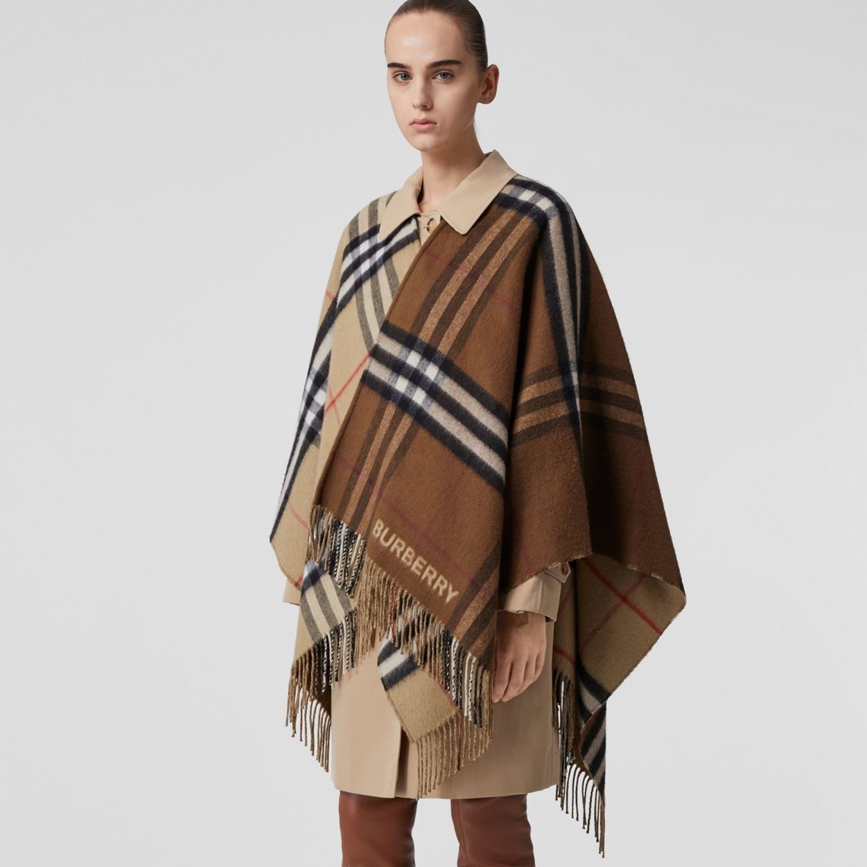 Contrast Check Wool Cashmere Cape - 7