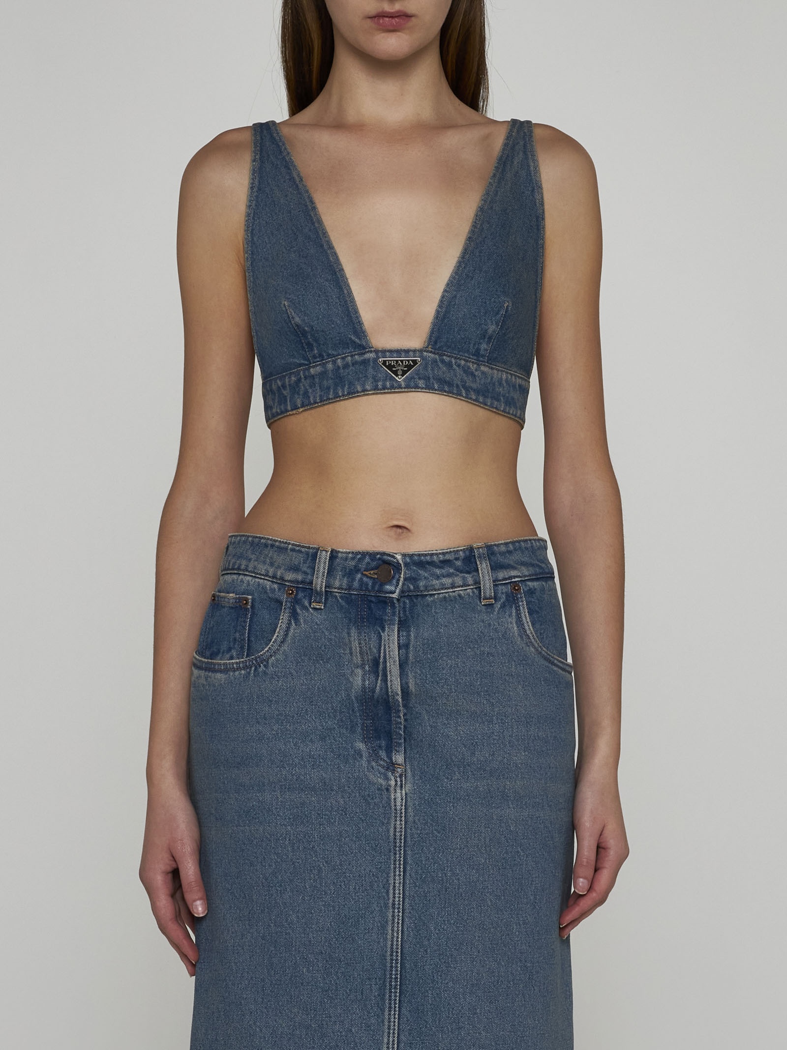 PRADA Logo-Plaque Denim Bra Top in Blue