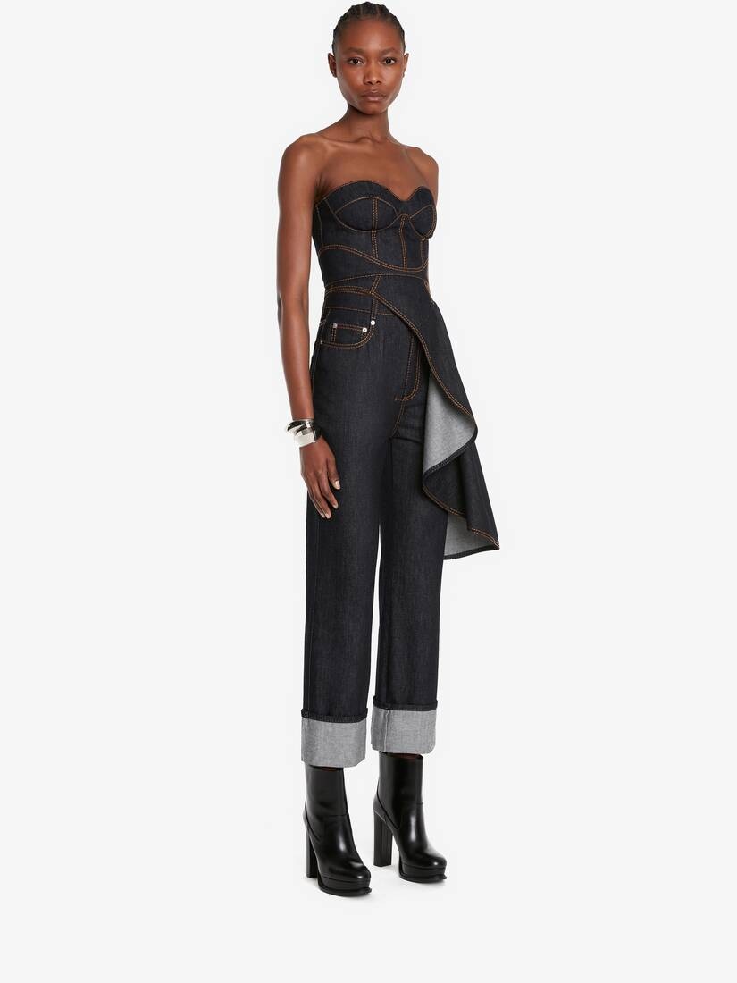 Women's Asymmetric Drape Corset Top in Dark Navy - 3