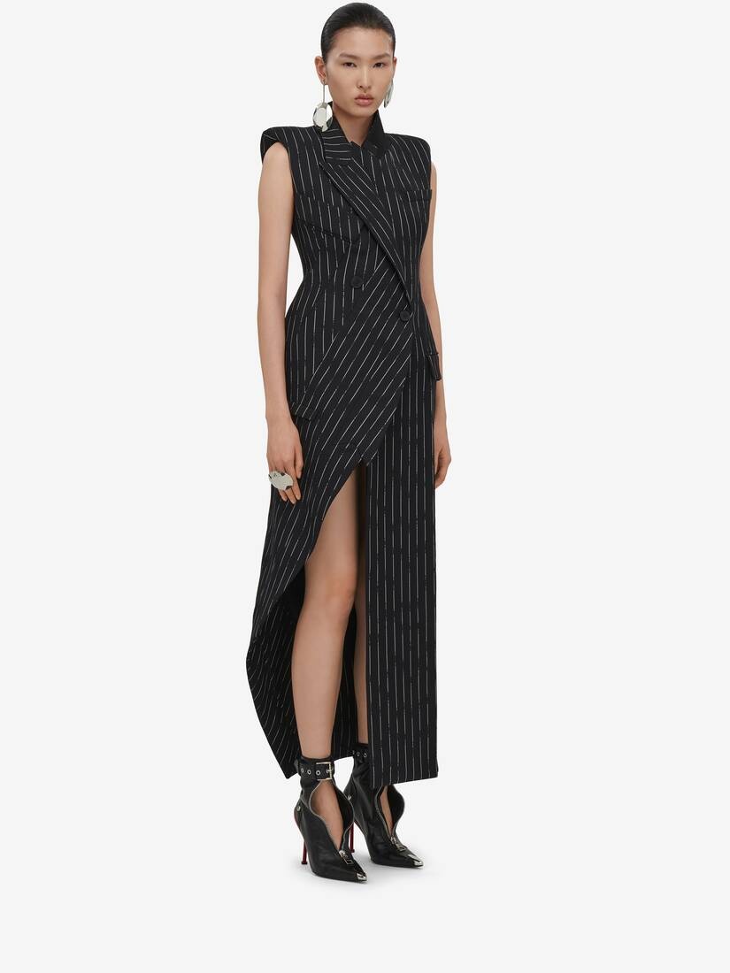 Women's Broken Pinstripe Tailored Dress in Black/ivory - 3