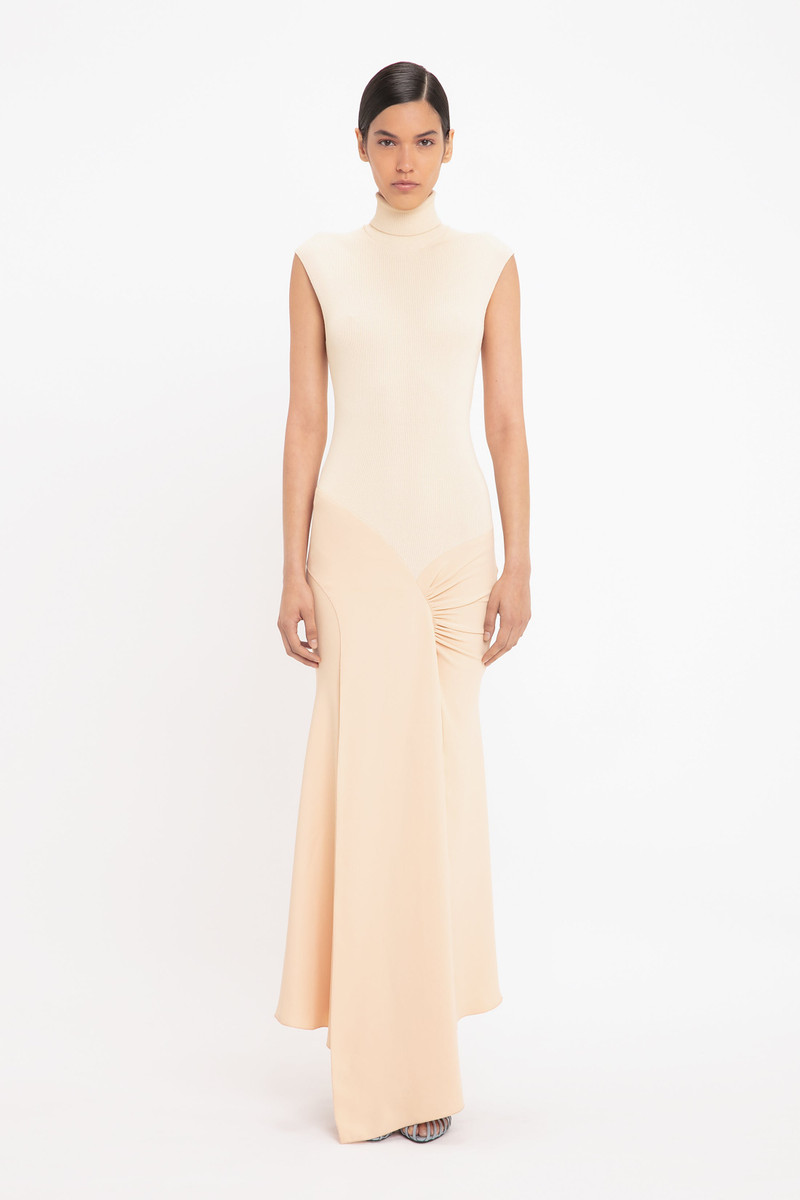 Victoria Beckham Cap Sleeve Knit Detail Midi In Pale Peach outlook