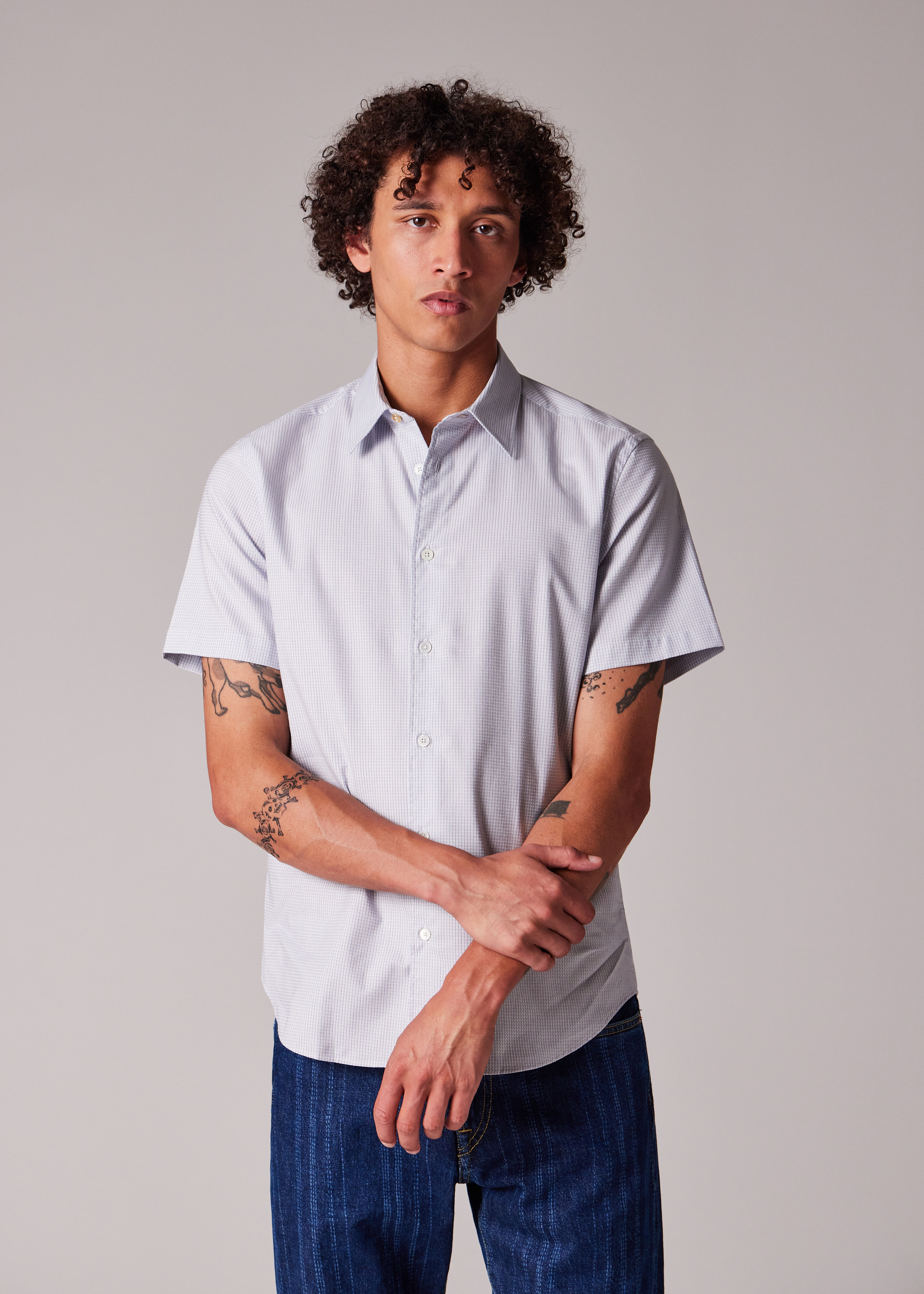 Slim-Fit Light Blue 'Geo Stripe' Short-Sleeve Shirt - 5
