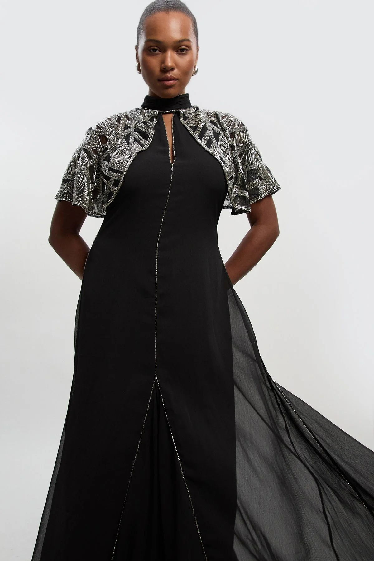 Plus Size Crystal Embellished Cutwork Cape Detail Woven Maxi Dress - 1