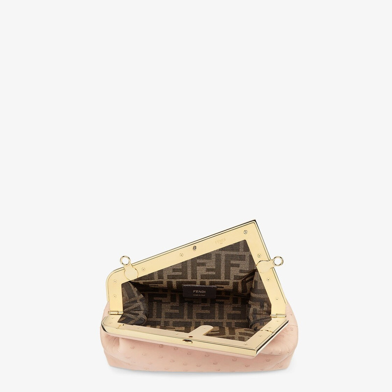 Small Fendi First bag made of exquisite pale pink ostrich leather with oversized metal F clasp bound 4