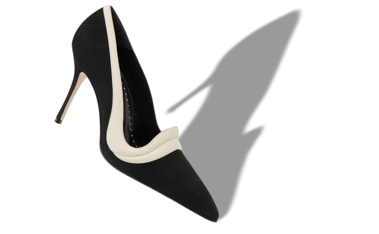 Black and Cream Suede Pointed Toe Pumps - 2